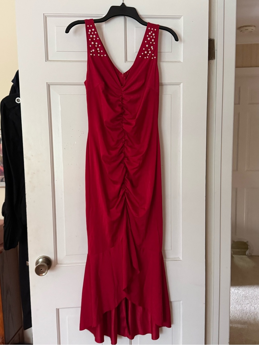 SHEIN Red Sleeveless Ruched Midi Dress with Pearl-Studded Straps
